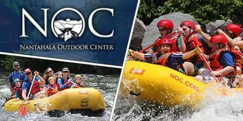 Group of people enjoying white water rafting at Nantahala Outdoor Center.