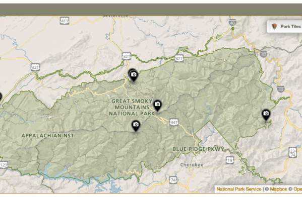 Scenic map of Great Smoky Mountains National Park with Smoky Fans social locations highlighted.